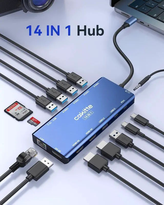 Alt view image 2 of 5 - USB C Laptop Docking Station, cakitte 14 in 1 Type C Hub Multiport Adapter with 3 Monitors, Dual HDMI, DP, Ethernet, SD/TF, Mic/Audio, PD,Compatible for MacBook Dell HP Lenovo (Blue)