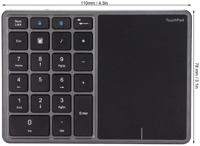 Alt view image 5 of 5 - Zunate Numeric Keypad, 22 Keys Type C Rechargeable Number Pad with Touchpad, USB Receiver, Dual Mode Mini Numeric Keypad for Laptop, PC (Grey)