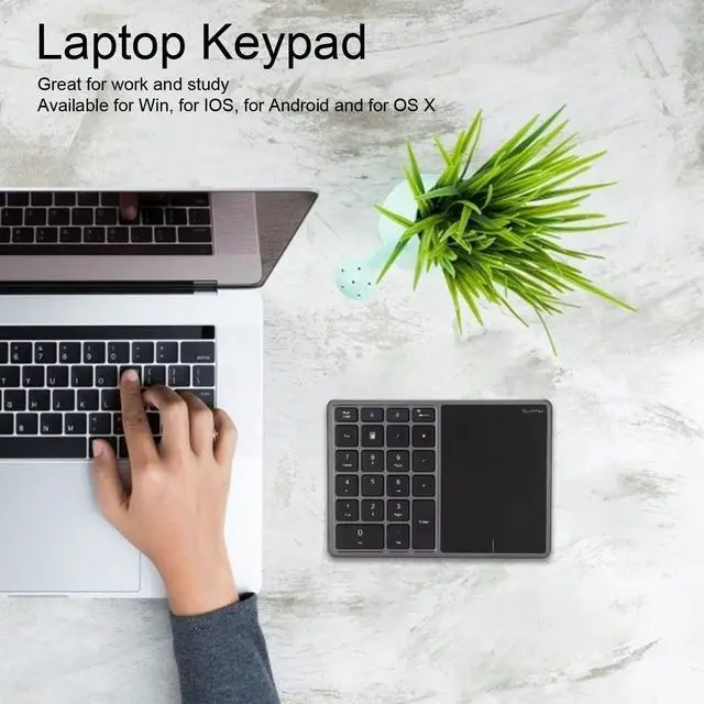 Alt view image 4 of 5 - Zunate Numeric Keypad, 22 Keys Type C Rechargeable Number Pad with Touchpad, USB Receiver, Dual Mode Mini Numeric Keypad for Laptop, PC (Grey)