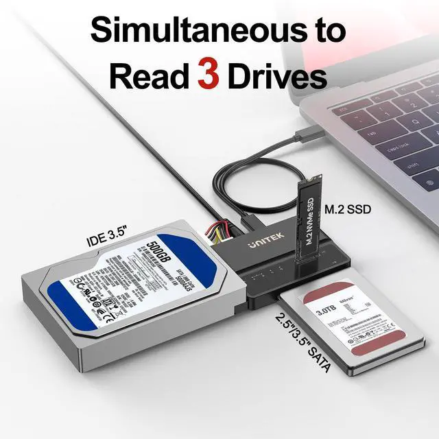 Alt view image 2 of 5 - Unitek M.2 NVME SATA IDE Enclosure 3 in 1 Tool-Free Portable 10Gbps PCIe3.1a M.2 SATA3.1 IDE100 External Adapter USB 3.2 Hard Drive Reader for 2230/2242/2260/2280 NVME 2.5" /3.5" SATA SSD 3.5" IDE