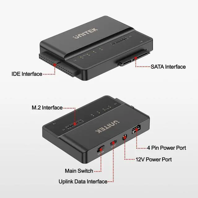 Alt view image 3 of 5 - Unitek M.2 NVME SATA IDE Enclosure 3 in 1 Tool-Free Portable 10Gbps PCIe3.1a M.2 SATA3.1 IDE100 External Adapter USB 3.2 Hard Drive Reader for 2230/2242/2260/2280 NVME 2.5" /3.5" SATA SSD 3.5" IDE