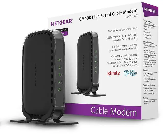 Main image of NETGEAR Cable Modem CM400 Compatible with Cable Providers Xfinity by Comcast, Spectrum, Cox | for Cable Plans Up to 100 Mbps | DOCSIS3.0, Black (CM400-100NAS)