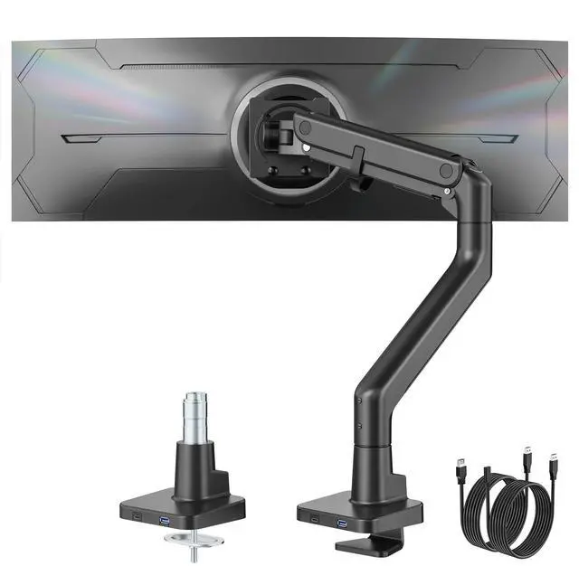 Main image of monTEK Single Monitor Arm with USB A/C, Ultrawide Monitor Stand for 17 to 57 Inch Curved Screen, Holds 59.4 lbs, Adjustable Gas Spring Arm, 75/100 VESA Mount, Clamp & Grommet Desk Mount, Black
