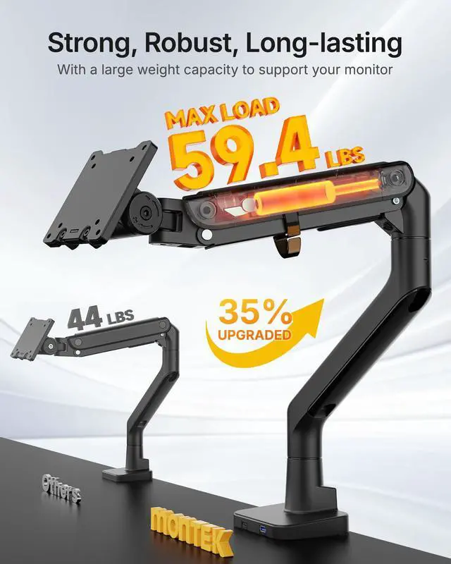 Alt view image 3 of 5 - monTEK Single Monitor Arm with USB A/C, Ultrawide Monitor Stand for 17 to 57 Inch Curved Screen, Holds 59.4 lbs, Adjustable Gas Spring Arm, 75/100 VESA Mount, Clamp & Grommet Desk Mount, Black