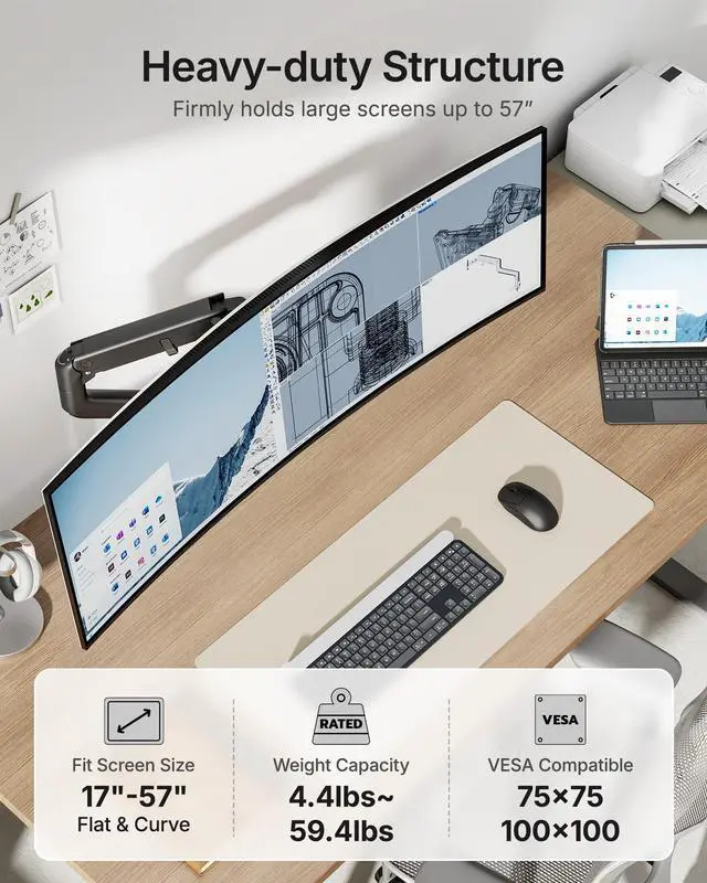 Alt view image 2 of 5 - monTEK Single Monitor Arm with USB A/C, Ultrawide Monitor Stand for 17 to 57 Inch Curved Screen, Holds 59.4 lbs, Adjustable Gas Spring Arm, 75/100 VESA Mount, Clamp & Grommet Desk Mount, Black