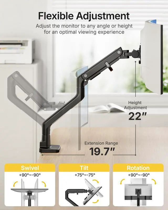 Alt view image 4 of 5 - monTEK Single Monitor Arm with USB A/C, Ultrawide Monitor Stand for 17 to 57 Inch Curved Screen, Holds 59.4 lbs, Adjustable Gas Spring Arm, 75/100 VESA Mount, Clamp & Grommet Desk Mount, Black