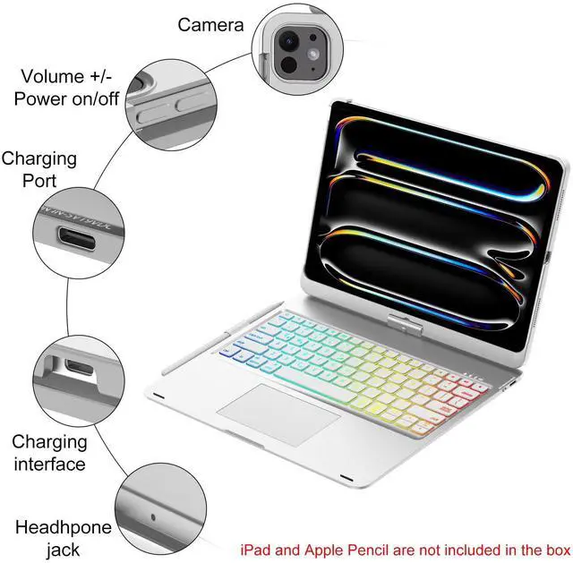 Alt view image 3 of 5 - Touch Keyboard Case for iPad Pro 13-inch 2024, Magnetic Keyboard for iPad Case Pro 13 M4, 360°Rotatable, 7 Colors Backlit Keyboard for iPad 13 Trackpad Tablet Pro M4 Case with Pencil Holder, Silver