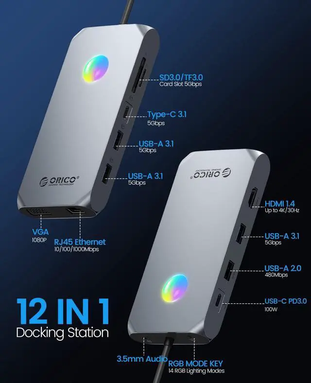 Alt view image 2 of 5 - Docking Station USB C to HDMI Adapter, ORICO 12 in 1 RGB USB C Hub with 4K HDMI 1.4, VGA, 100W PD, Ethernet, 5 USB Data Ports, SD/TF, Audio, 14 RGB Lighting Modes, Compatible for Windows/Mac OS