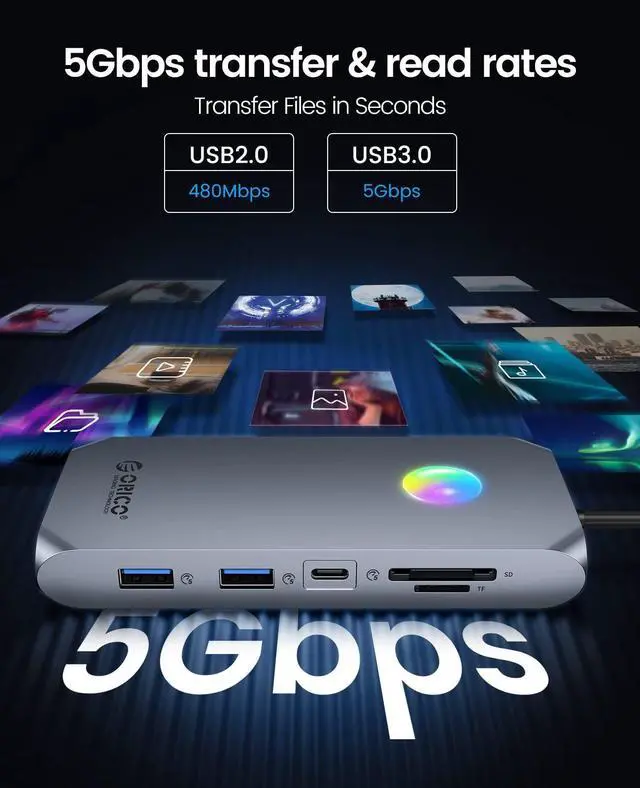 Alt view image 5 of 5 - Docking Station USB C to HDMI Adapter, ORICO 12 in 1 RGB USB C Hub with 4K HDMI 1.4, VGA, 100W PD, Ethernet, 5 USB Data Ports, SD/TF, Audio, 14 RGB Lighting Modes, Compatible for Windows/Mac OS