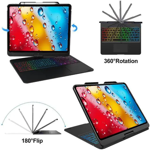 Alt view image 3 of 5 - Touch iPad Pro 12.9 Case with Keyboard 6th/5th Generation, Magic 360° Rotatable & Swivel Bluetooth Keyboard with Trackpad, 7 Backlight Color with Pencil Holder for iPad Pro 12.9 4th/3rd Gen, Black