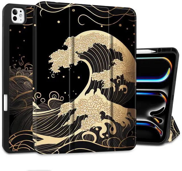 Main image of DONGKE for iPad Pro 13 inch M4 Case 2024 - [Built-in Pencil Holder Supports Pencil Pro and Pencil USB-C] Ultra Thin Soft TPU Back Cover with Trifold Stand Support Auto Wake/Sleep - Golden Waves