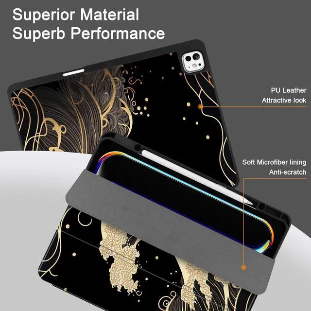Alt view image 2 of 5 - DONGKE for iPad Pro 13 inch M4 Case 2024 - [Built-in Pencil Holder Supports Pencil Pro and Pencil USB-C] Ultra Thin Soft TPU Back Cover with Trifold Stand Support Auto Wake/Sleep - Golden Waves