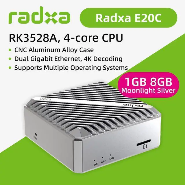 Alt view image 5 of 5 - Radxa E20C Mini PC, RK3528A 4-Core CPU, Dual Gigabit Ethernet, CNC Aluminum Case, 4K Support (Radxa E20C 1GB 8GB Moolight Silver)