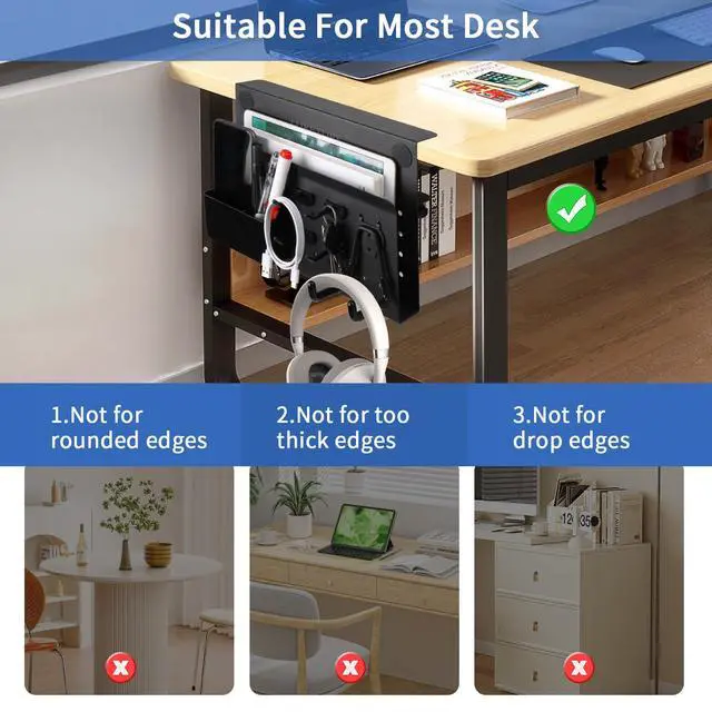 Alt view image 4 of 5 - LUKETURE Desk Side Storage, Under Desk Storage, No Drill Under Desk Laptop Mount, Steel Hanging Desk Organizer, Clamp on Laptop Holder for Office and Home, Fits Flat Edge Desks 0.4" to 2.8"