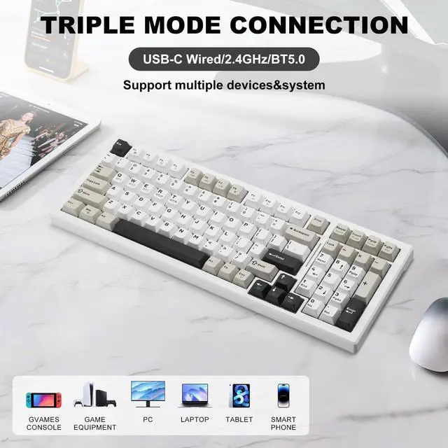 Alt view image 2 of 5 - Wireless Game Mechanical Keyboard BT5.0/2.4GHz/USB-C, Multi-Color LED with 18+ Modes, Hot-Swappable Custom Keyboard, Red Creamy Switches, Gaming Keyboard for PC/Mac (Black White)