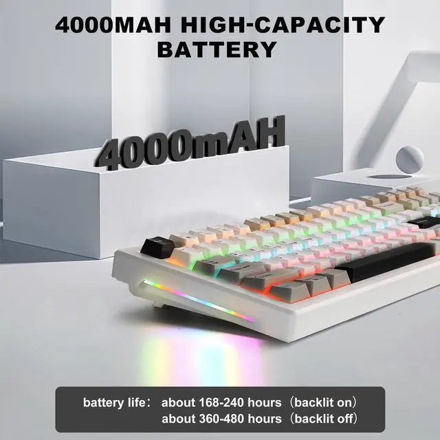 Alt view image 4 of 5 - Wireless Game Mechanical Keyboard BT5.0/2.4GHz/USB-C, Multi-Color LED with 18+ Modes, Hot-Swappable Custom Keyboard, Red Creamy Switches, Gaming Keyboard for PC/Mac (Black White)