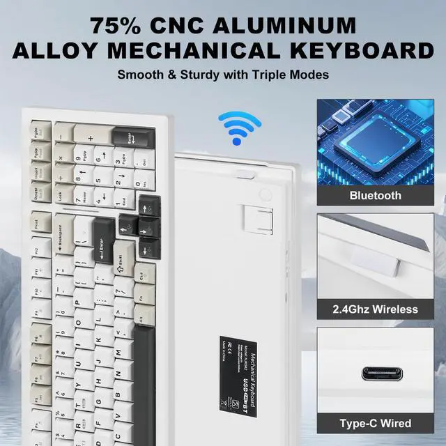 Alt view image 5 of 5 - Wireless Game Mechanical Keyboard BT5.0/2.4GHz/USB-C, Multi-Color LED with 18+ Modes, Hot-Swappable Custom Keyboard, Red Creamy Switches, Gaming Keyboard for PC/Mac (Black White)