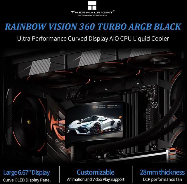 Alt view image 2 of 5 - Thermalright Rainbow Vision 360 Turbo ARGB Black CPU Liquid Cooler,for AM5/Intel LGA1851/1700,6.67-inch Curved Screen-Magnetic Suction,with 2400x1080 Resolution,360mm Aio Cooler