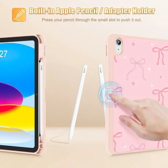 Alt view image 4 of 5 - Tuiklol Case for iPad 11 inch (A16 Chip) 2025 Generation 11th / iPad 10.9 inch 2022 10th Gen,Slim Stand Hard Case Pencil Holder with TPU Back Cover & Trifold Stand & Auto Wake/Sleep, Pink Bows