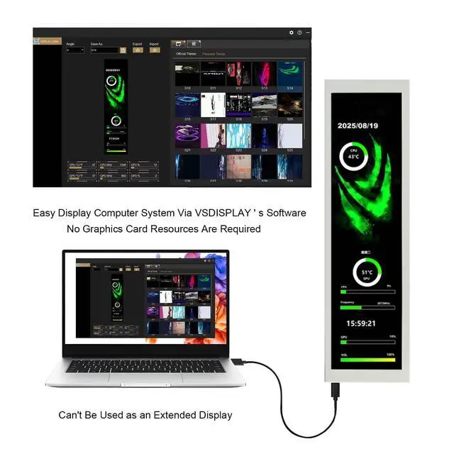 Alt view image 2 of 5 - VSDISPLAY 8.8 Inch Computer LCD Monitor with Theme Editor 480x1920 IPS PC Case Internal Secondary Screen for Monitoring Speed Temperature CPU GPU RAM Data,White