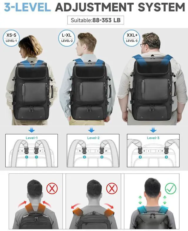 Alt view image 2 of 5 - 60L Convertible Carry On Backpack&Duffle Bag&Weekender Bag with 17" Padded Laptop Sleeve, USB Charging Port, Shoe Compartment for Men Women, Travel, Tactical, Gym, Hiking, Overnight Trips