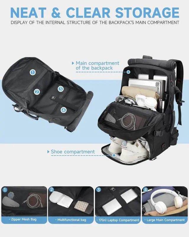 Alt view image 3 of 5 - 60L Convertible Carry On Backpack&Duffle Bag&Weekender Bag with 17" Padded Laptop Sleeve, USB Charging Port, Shoe Compartment for Men Women, Travel, Tactical, Gym, Hiking, Overnight Trips