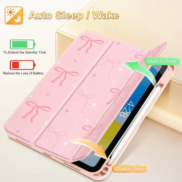 Alt view image 3 of 5 - Tuiklol Case for iPad 11 inch (A16 Chip) 2025 Generation 11th / iPad 10.9 inch 2022 10th Gen,Slim Stand Hard Case Pencil Holder with TPU Back Cover & Trifold Stand & Auto Wake/Sleep, Pink Bows