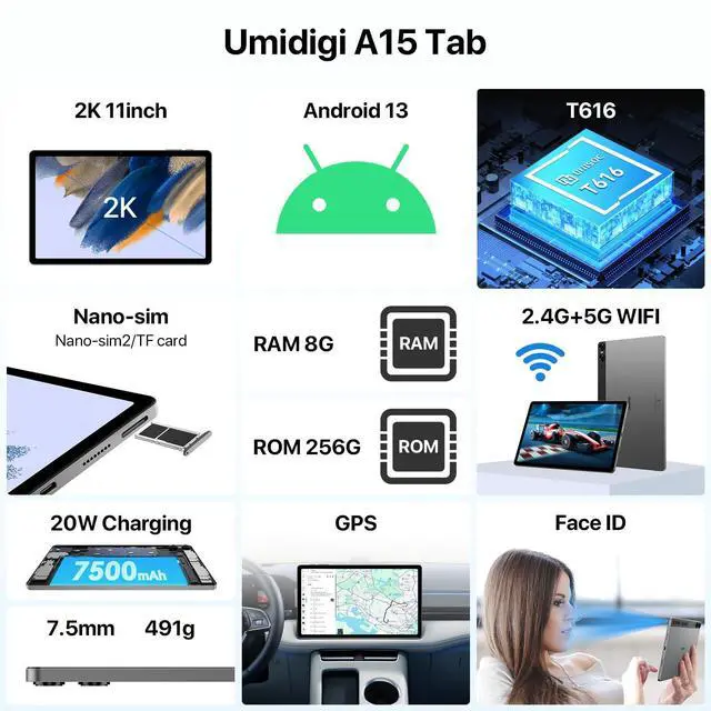 Alt view image 4 of 5 - UMIDIGI A15 Tab Tablet, 2K Vivid 11 inch FHD+ Large Touch Screen Android 13 Tablets 2024, 16GB+256GB 1TB Expand with Octa-Core Processor, 7500mAh with 20W Fast Charging, 13MP+8MP