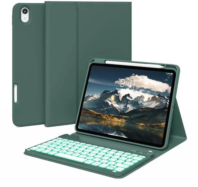 Main image of kenke Case for iPad (A16) 11-inch 2025 / 10th Generation 10.9-inch 2022 with Keyboard, Stand Folio Cover with Pencil Holder, 7 Color Backlit Detachable Wireless Keyboard, Dark Green