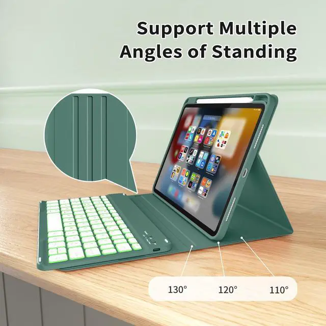 Alt view image 5 of 5 - kenke Case for iPad (A16) 11-inch 2025 / 10th Generation 10.9-inch 2022 with Keyboard, Stand Folio Cover with Pencil Holder, 7 Color Backlit Detachable Wireless Keyboard, Dark Green