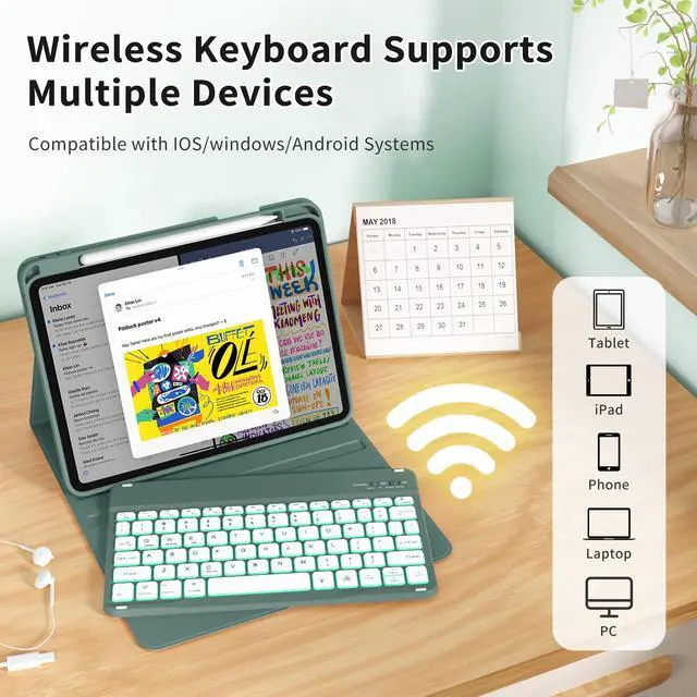 Alt view image 4 of 5 - kenke Case for iPad (A16) 11-inch 2025 / 10th Generation 10.9-inch 2022 with Keyboard, Stand Folio Cover with Pencil Holder, 7 Color Backlit Detachable Wireless Keyboard, Dark Green