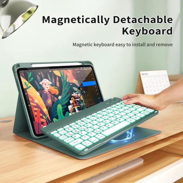 Alt view image 3 of 5 - kenke Case for iPad (A16) 11-inch 2025 / 10th Generation 10.9-inch 2022 with Keyboard, Stand Folio Cover with Pencil Holder, 7 Color Backlit Detachable Wireless Keyboard, Dark Green