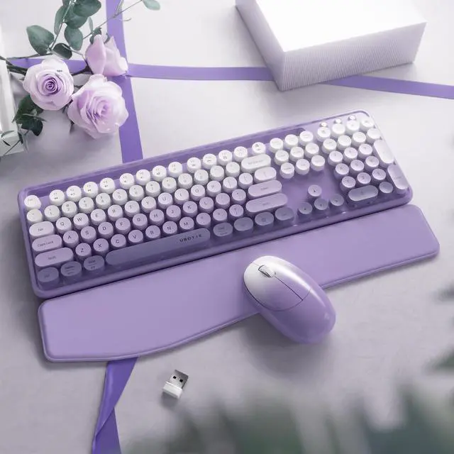 Alt view image 2 of 5 - FCPLU xUBOTIE Wireless Keyboard and Mouse, Colorful 104-Key QWERTY with Round Keys, Phone Holder, Wrist Rest, Power Buttons, 2.4GHz USB for PC Laptop(Purple Gradient)