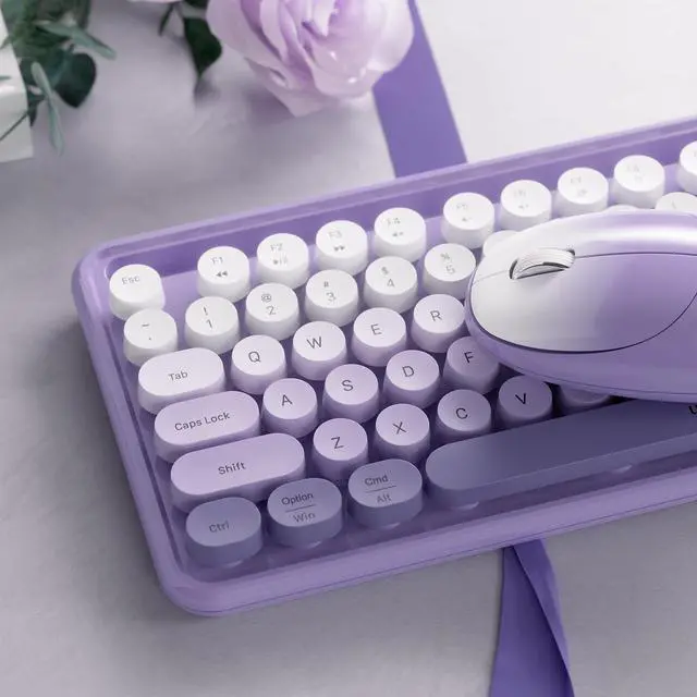 Alt view image 3 of 5 - FCPLU xUBOTIE Wireless Keyboard and Mouse, Colorful 104-Key QWERTY with Round Keys, Phone Holder, Wrist Rest, Power Buttons, 2.4GHz USB for PC Laptop(Purple Gradient)