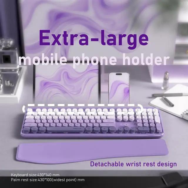 Alt view image 4 of 5 - FCPLU xUBOTIE Wireless Keyboard and Mouse, Colorful 104-Key QWERTY with Round Keys, Phone Holder, Wrist Rest, Power Buttons, 2.4GHz USB for PC Laptop(Purple Gradient)