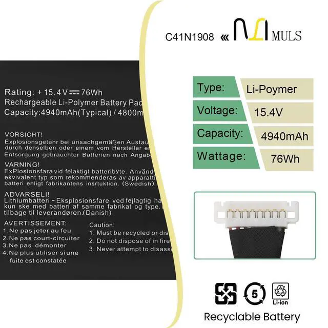 Alt view image 2 of 5 - MULS C41N1908 76Wh Laptop Battery for Asus Rog Zephyrus G14 GA401 GA401II GA401IU GA401IV GA401II GA401IH GA401Q GA401QC GA401IV-BR9N6 PX401 0B200-03610000 4ICP4/59/134