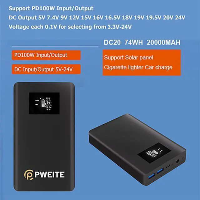 Alt view image 2 of 5 - PWEITE USB Type C PD 100W Portable Laptop Charger Power Bank Battery Pack DC Output 5V 7.4V 9V 12V 15V 16V 16.5V 18V 19V 19.5V 20V 24V 3A 4A For Macbook DELL HP Lenovo Steam deck Led Strip Tablet CPAP