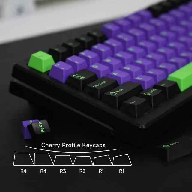 Alt view image 2 of 5 - Double Shot PBT Keycaps - Cherry Profile Black Keycaps Set for 60 Percent Keyboard, Shine Through PBT Keycaps Compatible with 61/64/68/84/87/104/108 Keys, Retro Black-Purple-Green