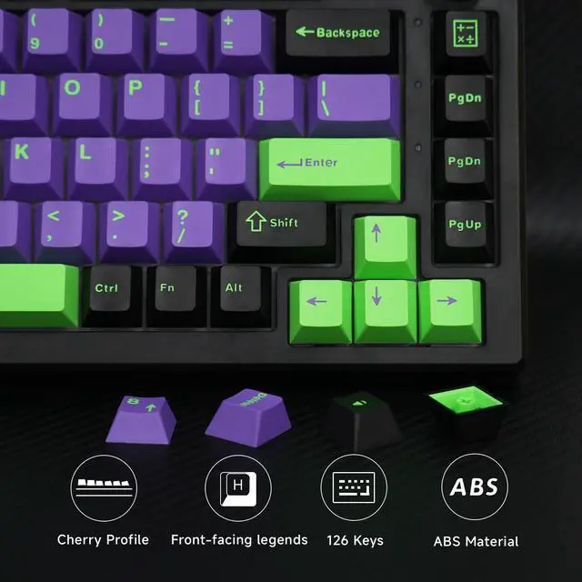 Alt view image 4 of 5 - Double Shot PBT Keycaps - Cherry Profile Black Keycaps Set for 60 Percent Keyboard, Shine Through PBT Keycaps Compatible with 61/64/68/84/87/104/108 Keys, Retro Black-Purple-Green
