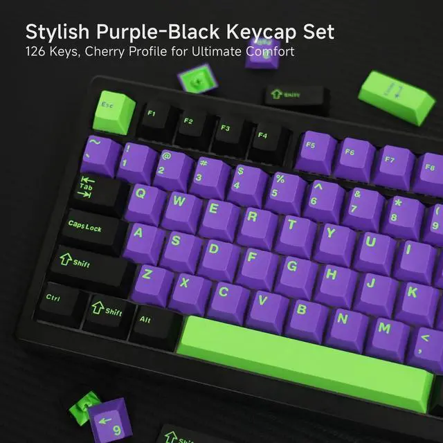 Alt view image 5 of 5 - Double Shot PBT Keycaps - Cherry Profile Black Keycaps Set for 60 Percent Keyboard, Shine Through PBT Keycaps Compatible with 61/64/68/84/87/104/108 Keys, Retro Black-Purple-Green