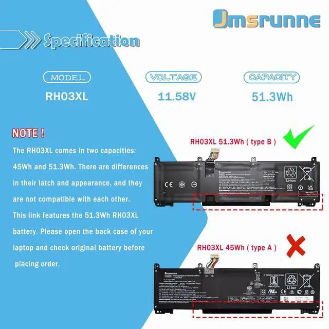 Alt view image 2 of 5 - Jmsrunne 51.3Wh RH03XL Laptop Battery Replacement for HP Probook 440 G10/445 G9 G10/450 G10/455 G10/460 EliteBook 640 G9 G10/655 G10/650 G10 Series 11.58V