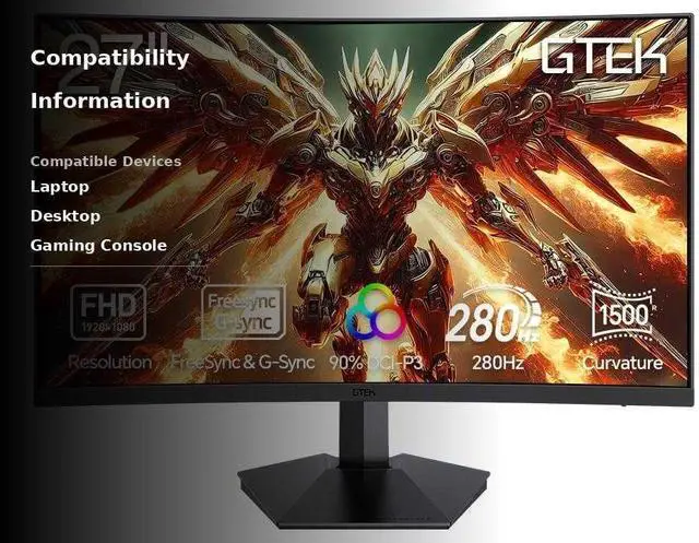 Alt view image 3 of 5 - GTek 280Hz Gaming Monitor, 27 Inch Frameless Display Full HD 1920 x 1080P, Curved 1500R, VA 1ms MPRT, FreeSync, DisplayPort/HDMI, 90% DCI-P3 - F2740C