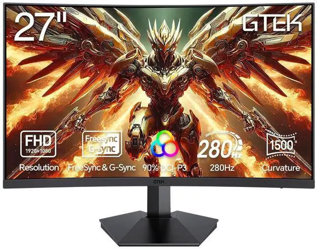 Main image of GTek 280Hz Gaming Monitor, 27 Inch Frameless Display Full HD 1920 x 1080P, Curved 1500R, VA 1ms MPRT, FreeSync, DisplayPort/HDMI, 90% DCI-P3 - F2740C