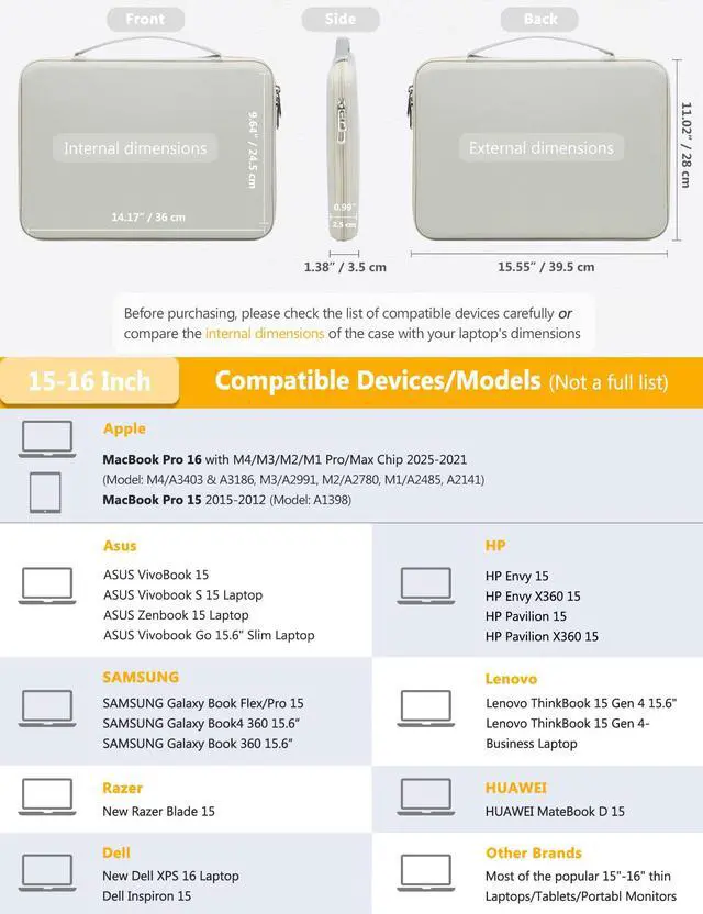 Alt view image 2 of 5 - HYZUO 15-16 Inch Hard Shell Laptop Sleeve Case for MacBook Pro 16 M4/M3/M2/M1 2025-2019, MacBook Air 15 M3/M2/M1 2025-2023, 15" Surface Laptop, Razer Blade 15, Beige