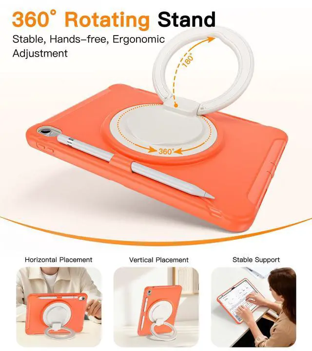 Alt view image 4 of 5 - BATYUE iPad Case for 10th/11th (A16) Gen 2022/2025: Professional Shockproof 10.9/11" Cover with Screen Protector, Pencil Holder, 360° Rotating Stand  Kid-Friendly, Orange