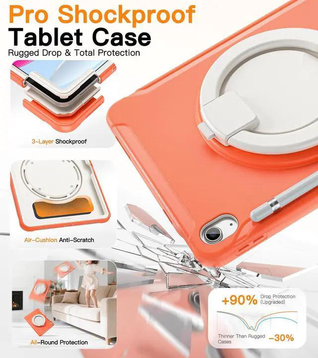Alt view image 3 of 5 - BATYUE iPad Case for 10th/11th (A16) Gen 2022/2025: Professional Shockproof 10.9/11" Cover with Screen Protector, Pencil Holder, 360° Rotating Stand  Kid-Friendly, Orange
