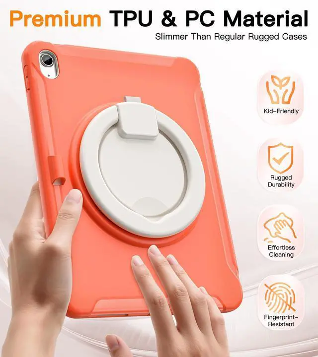 Alt view image 2 of 5 - BATYUE iPad Case for 10th/11th (A16) Gen 2022/2025: Professional Shockproof 10.9/11" Cover with Screen Protector, Pencil Holder, 360° Rotating Stand  Kid-Friendly, Orange