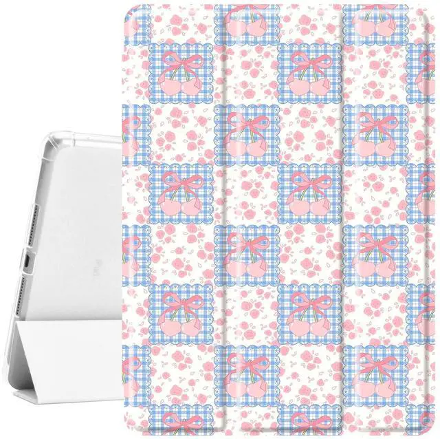 Main image of Idocolors Cute Kawaii Grid Pink Cherry Pad Case for 10.9 Inch iPad Air 4 2020/iPad Air 5 2022, Clear TPU Smart Stand Back Cover with Pencil Holder, Auto Wake/Sleep Protective Case for Women Girls