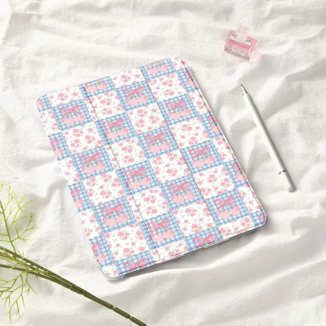 Alt view image 3 of 5 - Idocolors Cute Kawaii Grid Pink Cherry Pad Case for 10.9 Inch iPad Air 4 2020/iPad Air 5 2022, Clear TPU Smart Stand Back Cover with Pencil Holder, Auto Wake/Sleep Protective Case for Women Girls