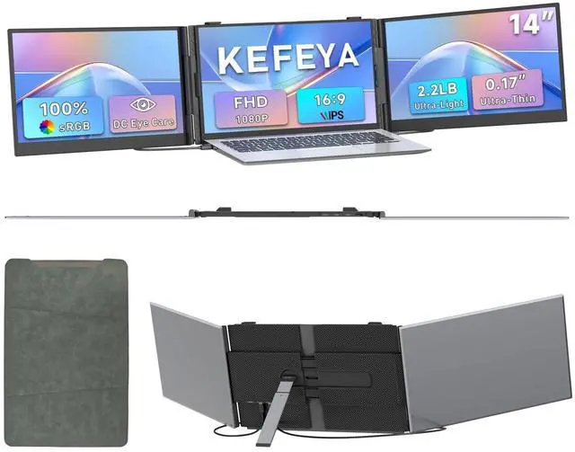 Main image of 0.17" Ultra-Thin Triple Laptop Screen Extender, 14" 1080P FHD IPS 2.2 LB Ultra-Light Triple Monitor Extender for Laptops 13-17.3", USB-C HDMI Plug-Play for macOS Windows Chrome Home Office Work Travel